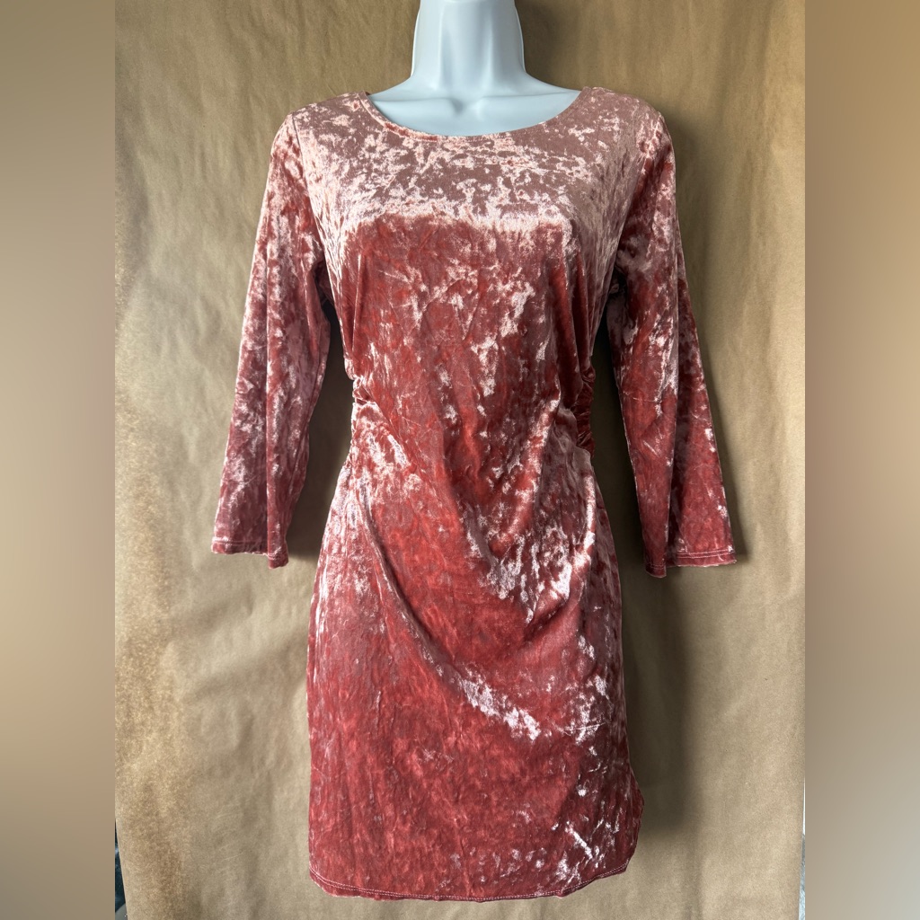 Everly Crushed Velvet Long Sleeve Mini With Side Cut Outs In Burnt Peach Large